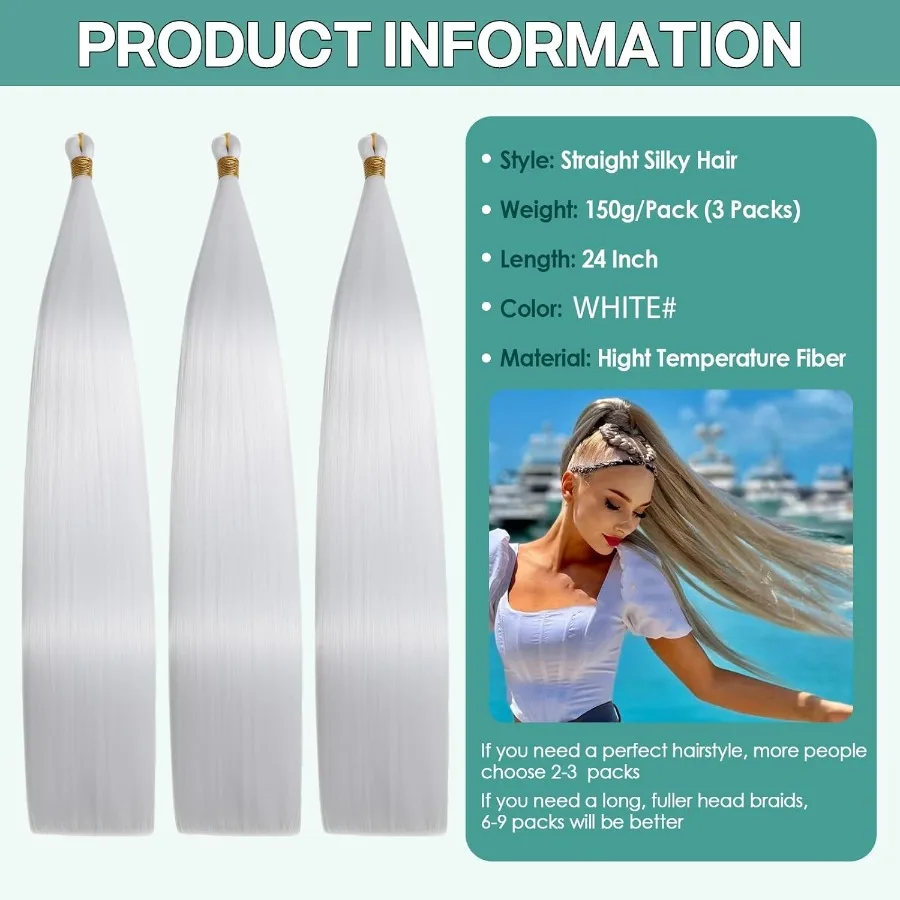 24 بوصة العظام مستقيم تجديل الشعر 150 جرام 3 حزم الأبيض ارييل ذيل حصان ملحقات أومبير لينة الشعر الاصطناعية للنساء G60 24 Inc