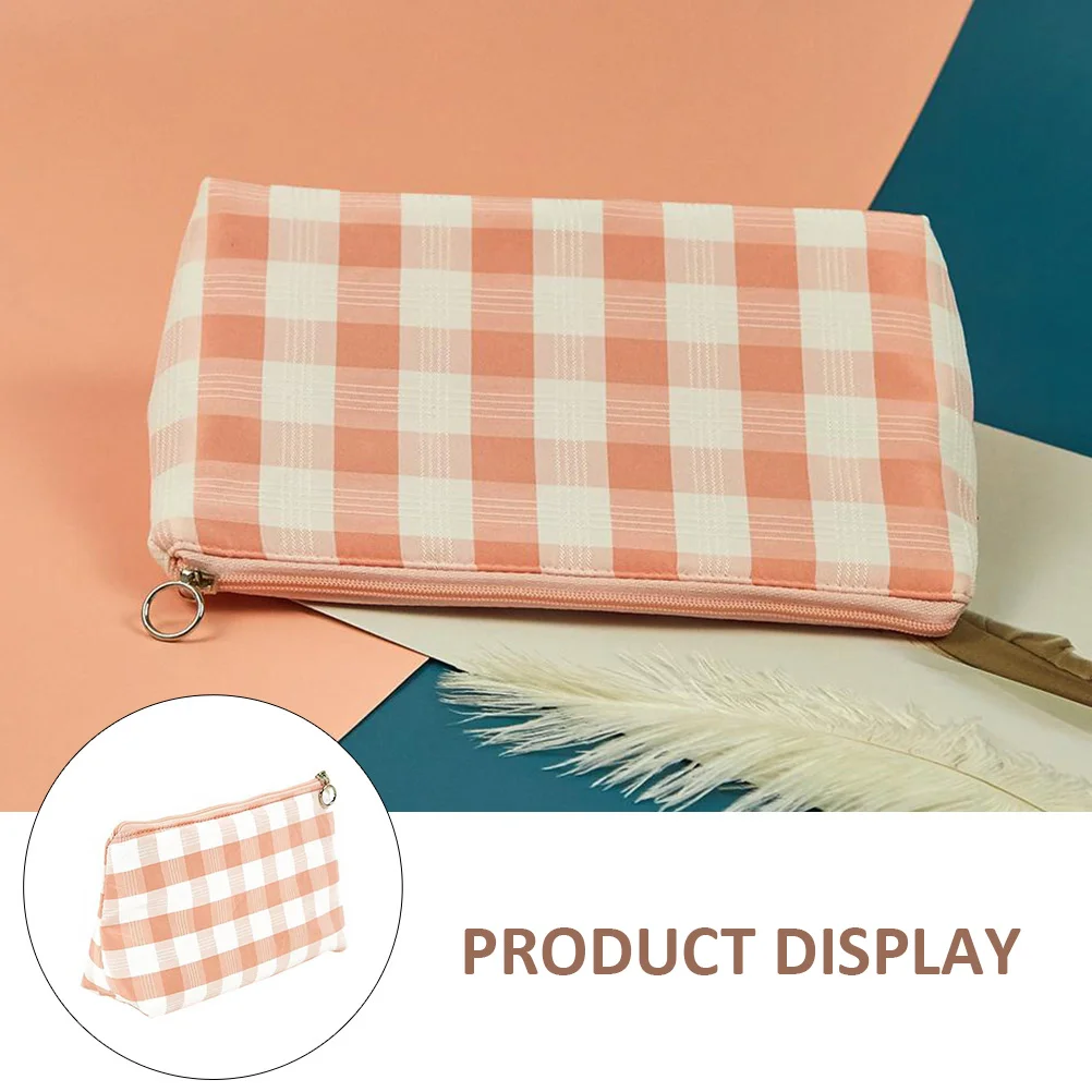 

Bag Canvas Toiletry Travel Pink Plaid Makeup Storage Zipper Pouch Lightweight Practical Beautiful Handheld Small Size