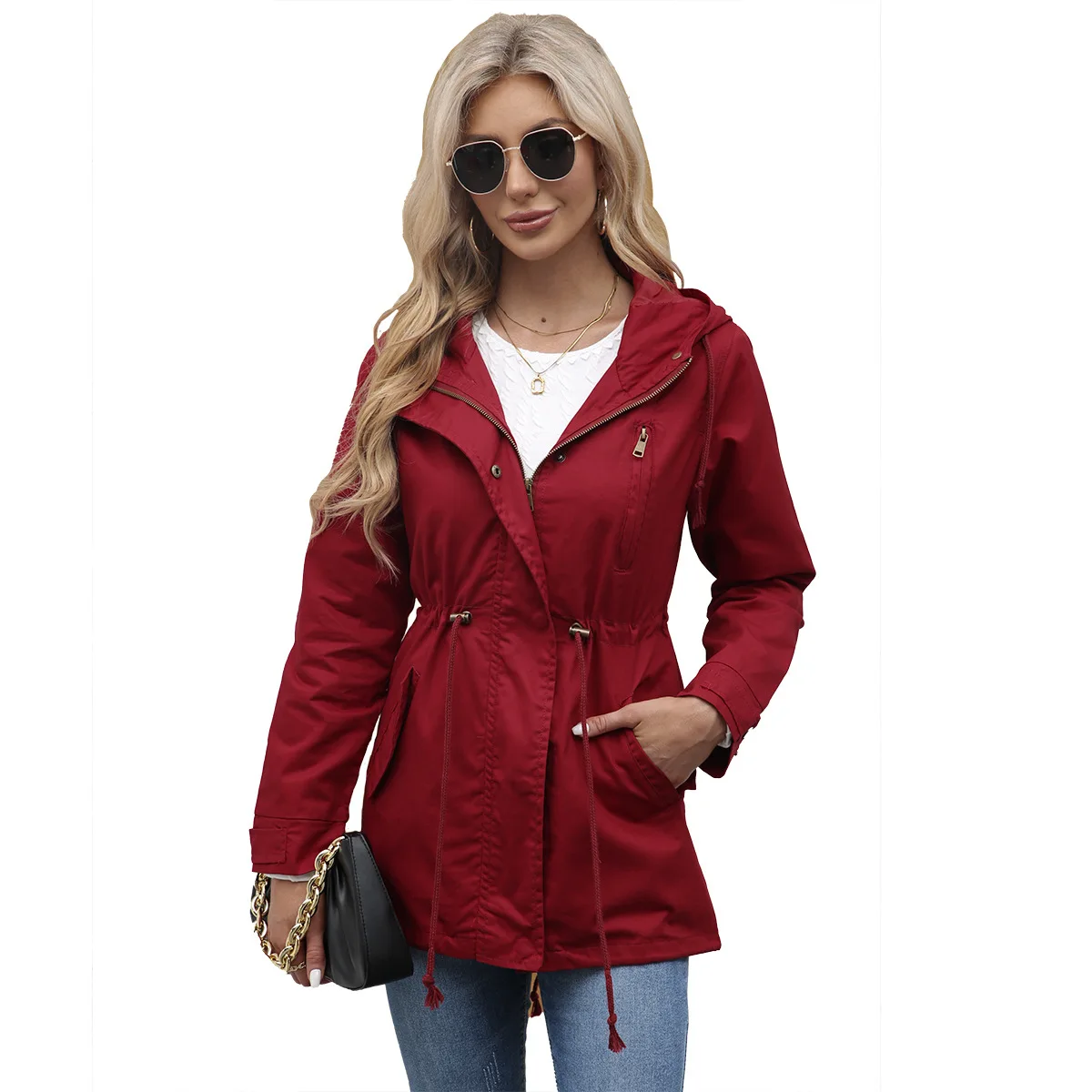 New Hooded Windbreaker Women's Spring and Autumn Jacket Large Size Loose Solid Color Fashionable Casual Women's Clothing