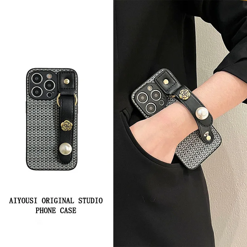 

Маленький ароматный ветер, черный браслет с жемчугом камелии для iphone14, чехол для телефона Apple 15promax, новый защитный чехол 13/12 xsmax