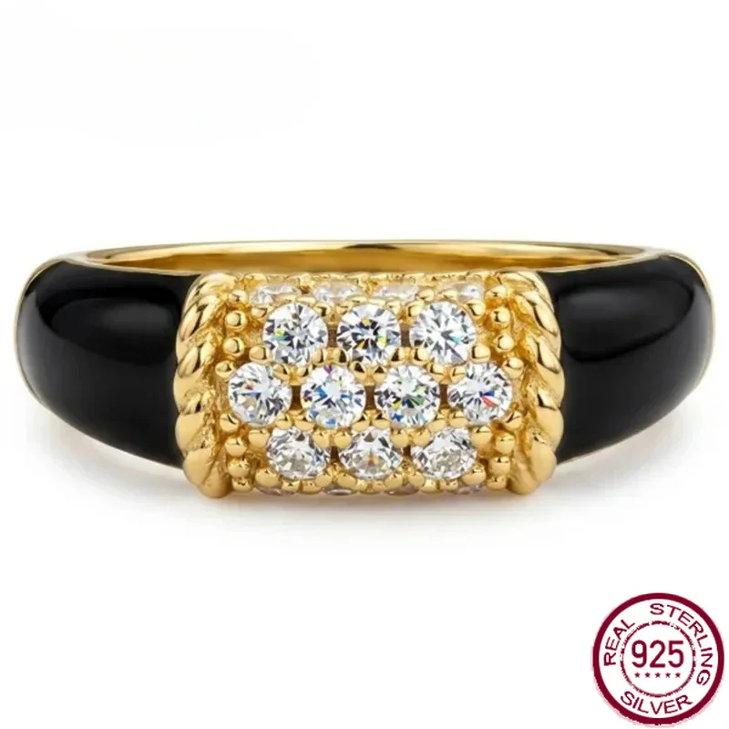 Yaranyan 925 Sterling Silver Lab Sapphire Black Onyx High Carbon Diamonds Gemstone Wedding Band Engagement Ring Fine Jewelry