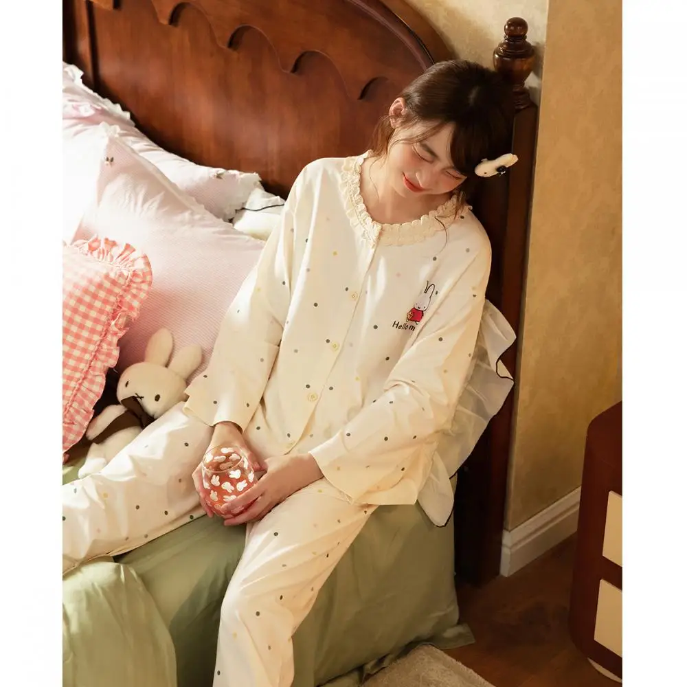 طقم بيجامات أرنب منقط من ميفي قميص وسراويل قطنية ناعمة باللون البيج بأكمام طويلة ملابس نوم للنساء ملابس نوم تصميم أنيمي لطيف #4