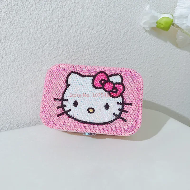 

New Sanrio Creative Cartoon Hello Kitty Jewelry Box Bag Sticking Diamond Cute Earrings Necklace Storage Box with Lock Girl Gifts