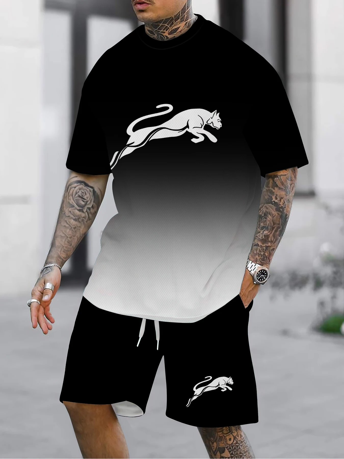 

Summer new men's casual two-piece round neck short sleeved T-shirt and pocket drawstring pants knitted outdoor sportswear