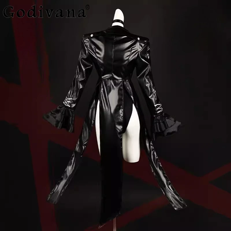Gioco Royal Costume Cosplay per donna Natale Parrucca nera Tute Cappotto in PU Set Donna Autunno Halloween Abito da festa sexy