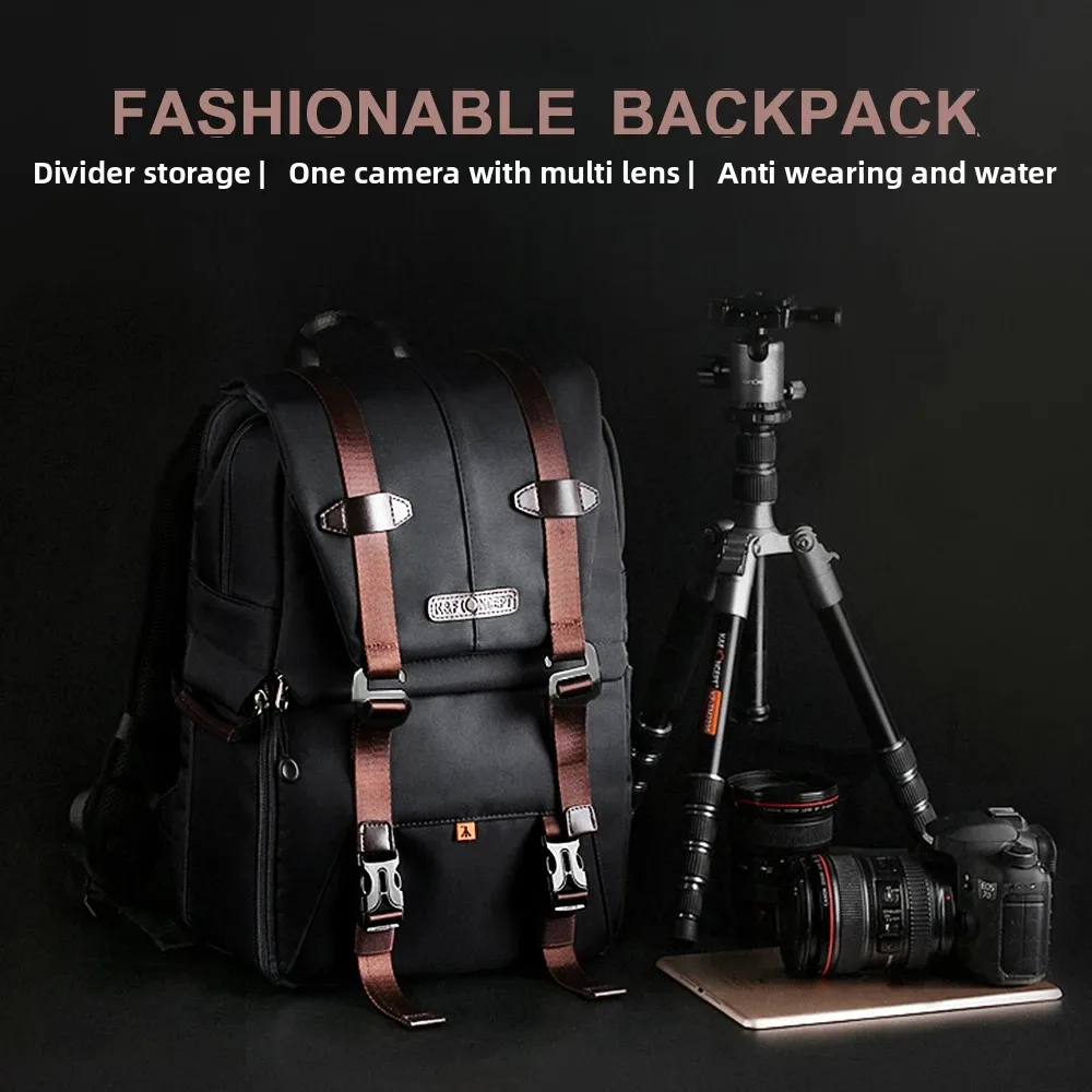K&F CONCEPT Camera Backpack Photography Backpack with Rainproof Cover Tripod Catch Straps for 15.6in Laptop And SLR DSLR