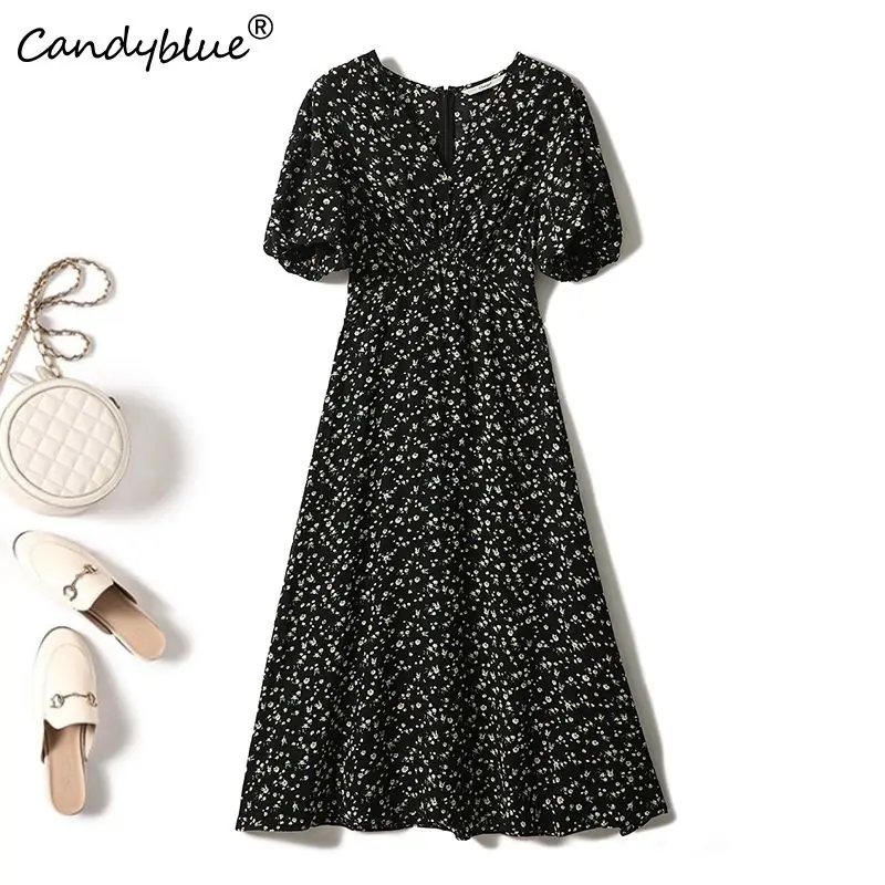 French Black Bottom Little Daisy Bubble-sleeve Temperament Mid Length Dress Fashion Short Sleeve Mid-Calf Dresses For Women 2023