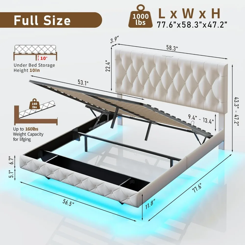 Lift Up Storage Bed Frame, Floating Bed Frame with Led Lights & Charging Station, Velvet Upholstered High Headboard Bed Frame