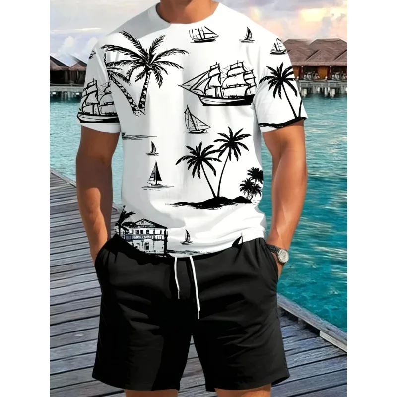 

2025 3D Printed Mens Round Neck Casual Suit Coconut Tree and Beer Creative Short Sleeved Top Beach Vacation Shorts Two-piece Set