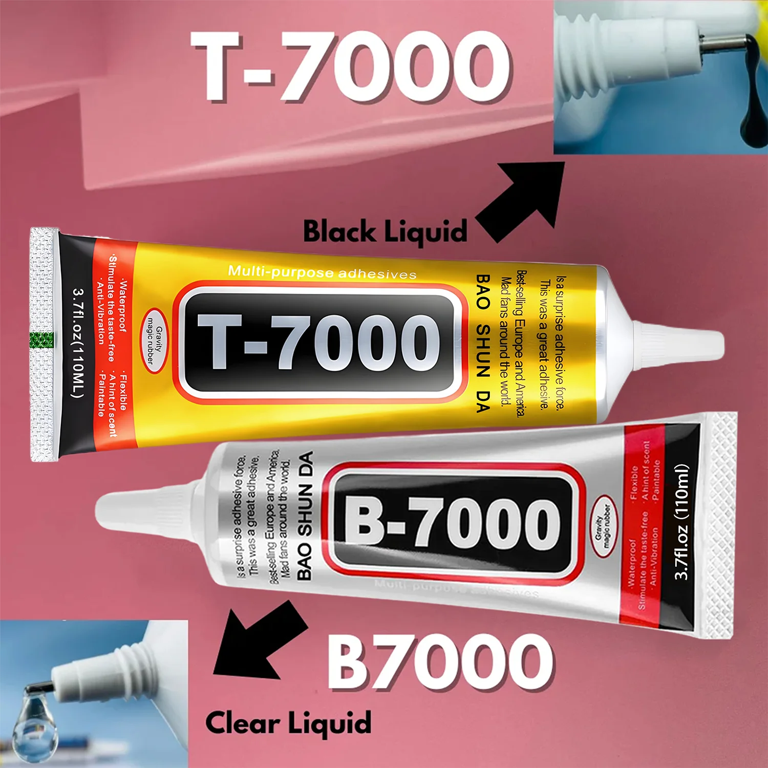 T7000 Adhesivo suave negro T-7000 Marco de reparación para pantallas táctiles de ordenadores y teléfonos móviles Pegamento universal antivibraciones Adhesivo de reparación para tabletas 15/25/50/110 ml, incluye jeringa