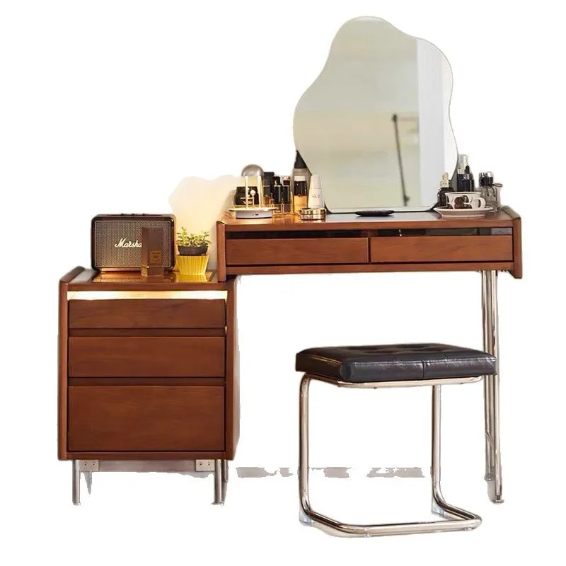 Medieval solid wood dresser, chest cabinet integrated makeup table, retro home retractable bedside storage cabinet