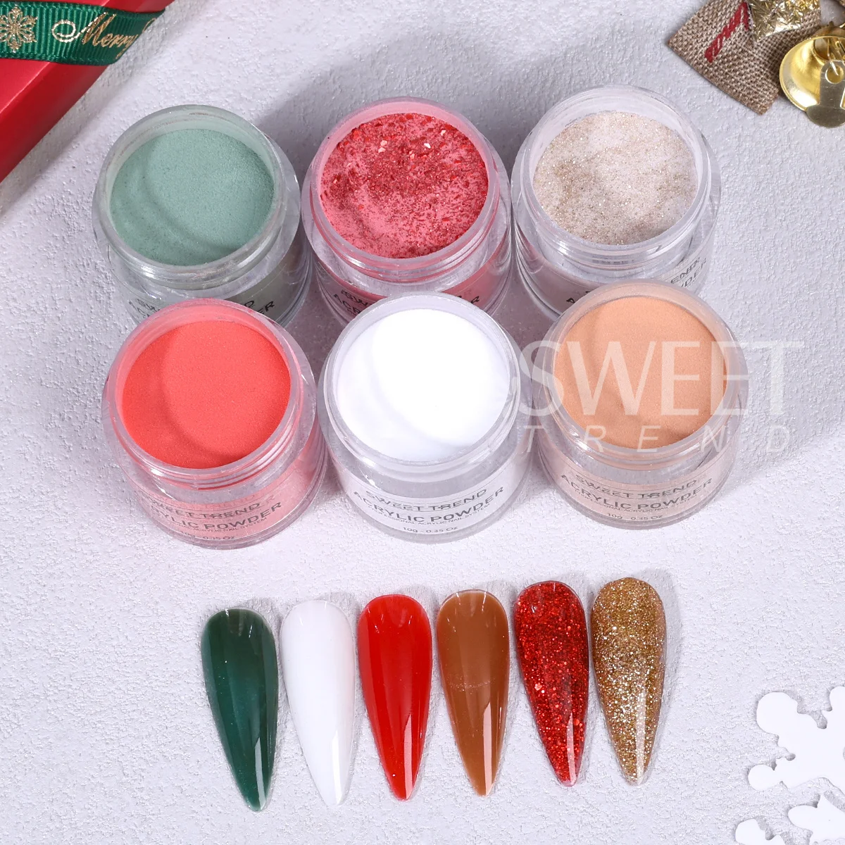 Polvo acrílico para uñas de Color navideño, 6 uds., verde, rojo, cristal dorado brillante tallado, lentejuelas de construcción, extensión de manicura, polvo de inmersión