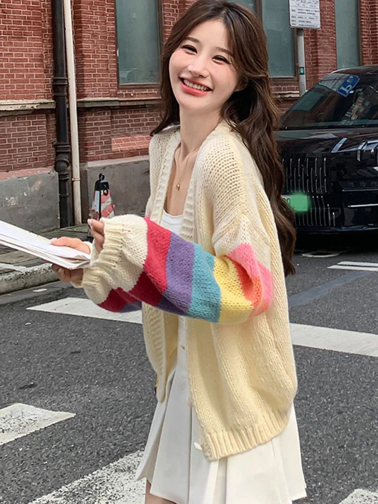 Fashion Rainbow Sweet Cardigan Sweaters Women Casual Lazy Wind Korean Knitted Coat Chic V Neck Loose Long Sleeve Tops Outwear