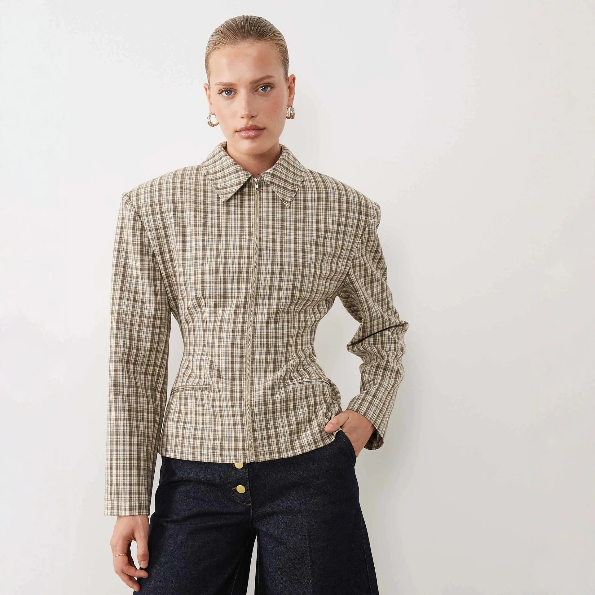 Women Lapel Jackets Coat Female Chic Long Sleeve Jackets Autumn Plaid Zip Up New In Coats Outfits Holiday Outerwears Clothes