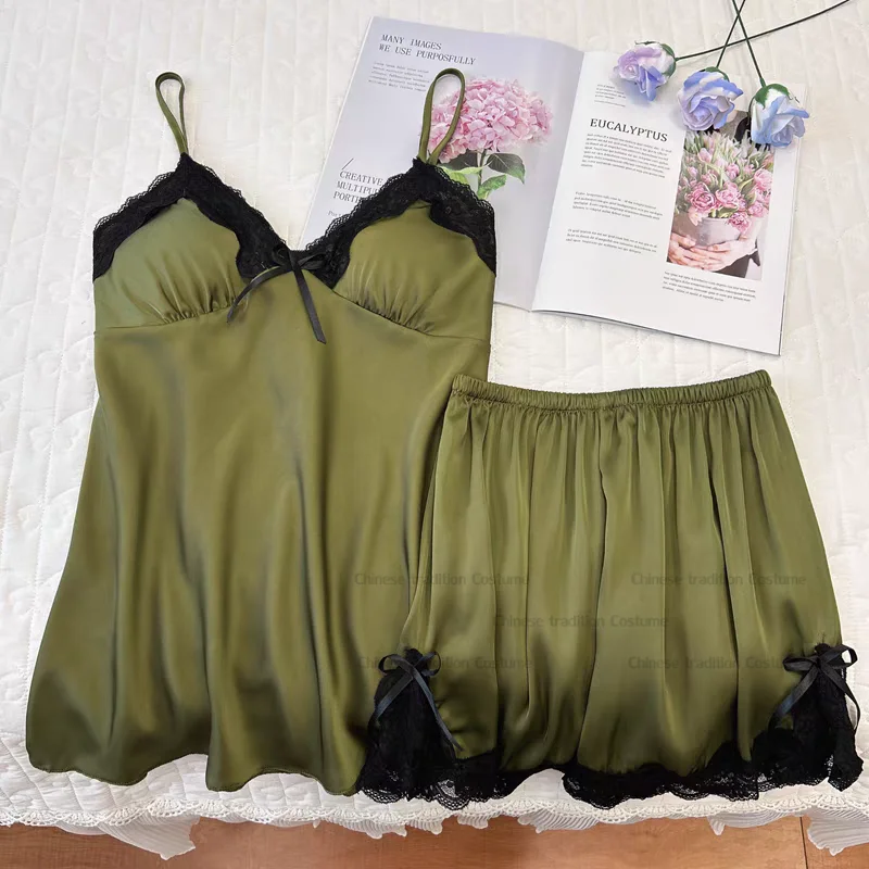 

Green Lace Tirm Pajamas 2 Pieces Cami Top Shorts Women Sexy Lace Trim Lingerie Summer New Pijama Mujer Leisure Pyjamas Femme