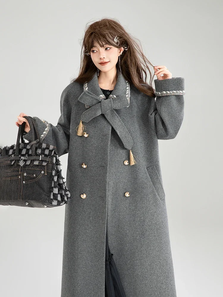Lazy Casual Sweet Cool Lace-up Gray Woolen Coat Lapel Bow Double Breasted Loose Versatile A-line Long Wool Jackets Women Winter