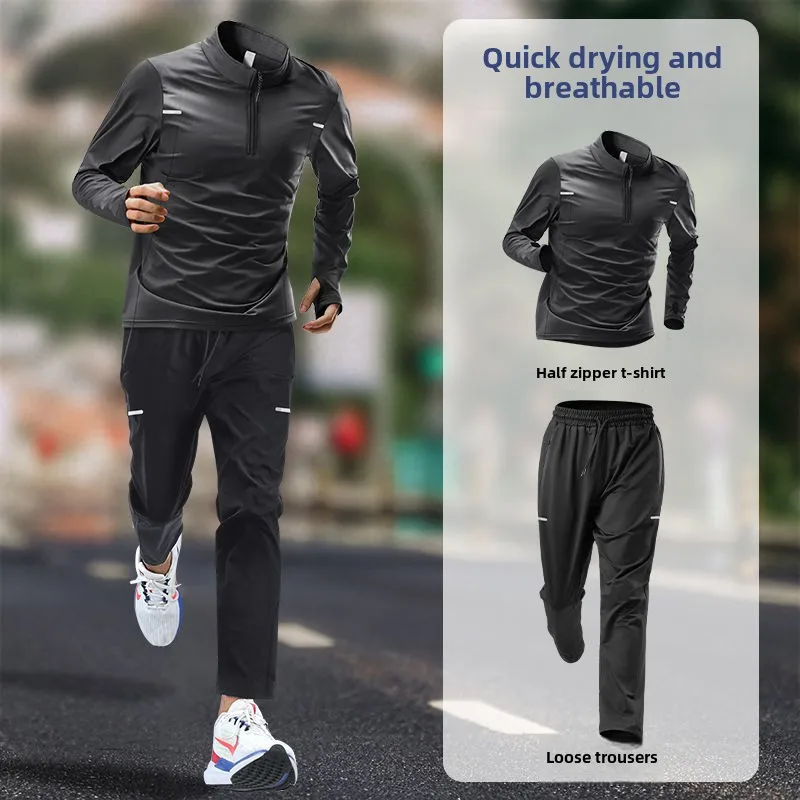 Men\'s Autumn Running Quick-Dry Long Sleeve Tracksuit Set | Fitness Outdoor Morning Jogging Sportswear with Training Pants