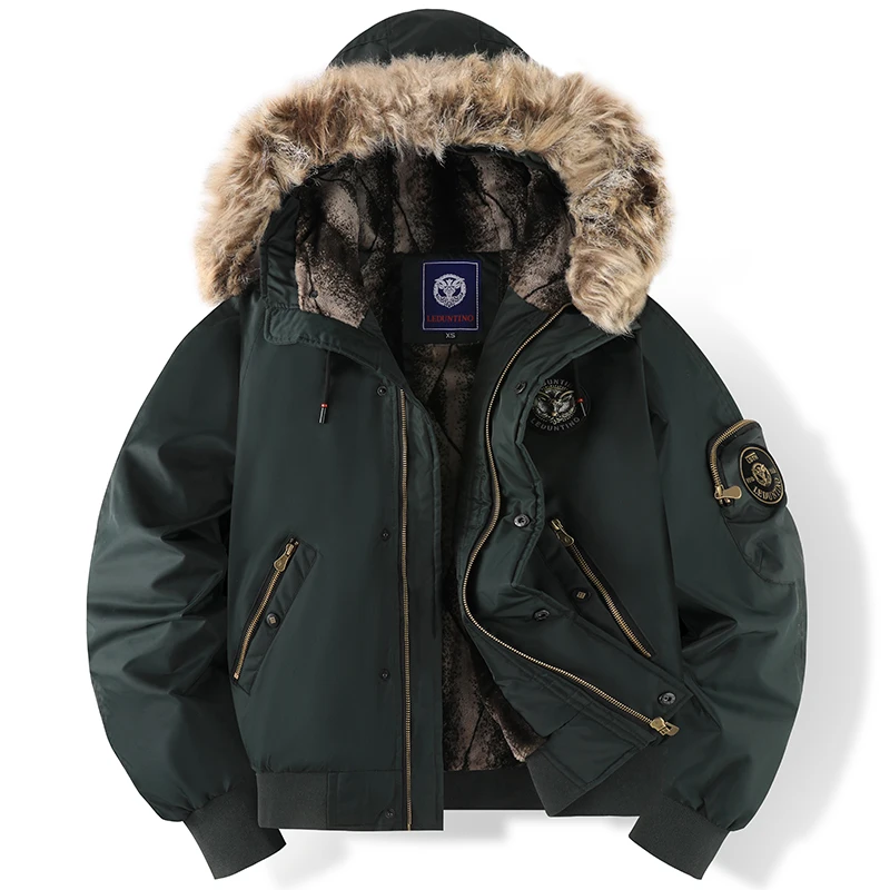 

New men's warm parka black windproof outerwear, soft faux fur lining hood badge embroidery multiple practical zipper pockets