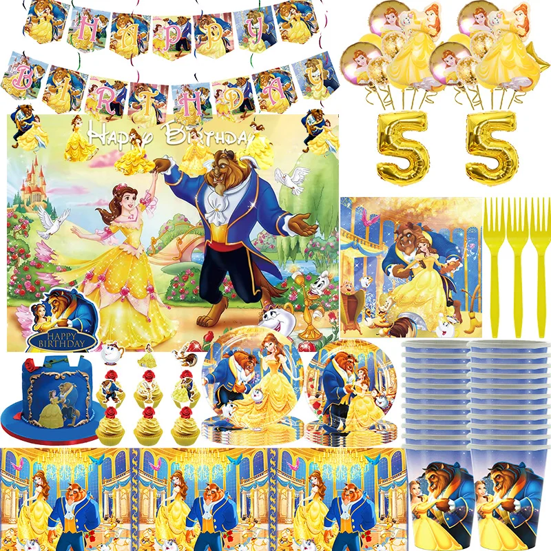 Beauty And The Beast Birthday Decorations Theme Party Tableware Paper Cup Plate Tablecloth Birthday Balloons Banner Decor Kids