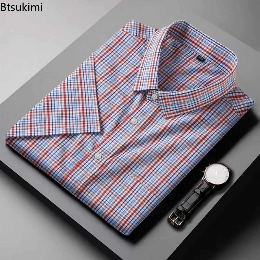2025 Summer New Fashion 100% Cotton Short Sleeve Plaid Shirts for Men Super Large Business Office Yarn Dyed Plaid Shirt Men Tops