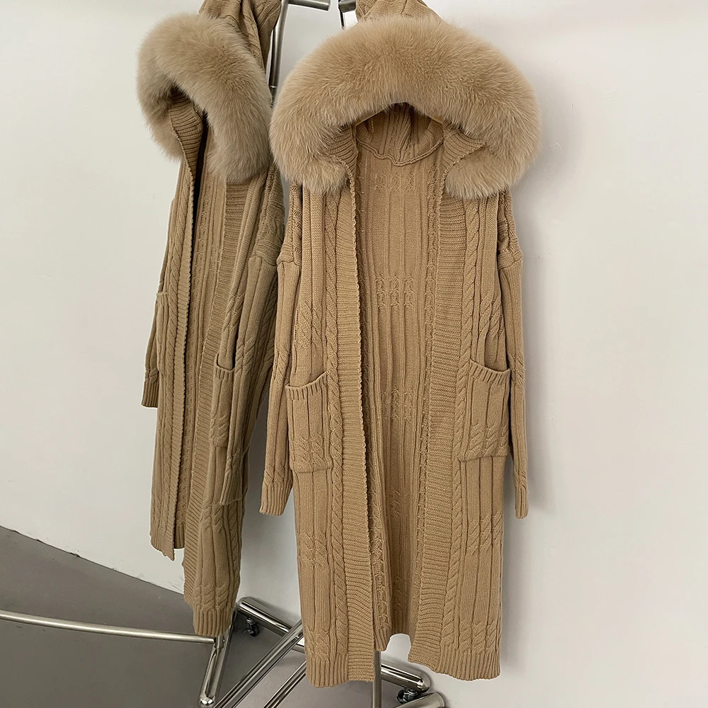 

Knitwear Women Long Sweater Hooded New Spring Autumn Top Big Fox Fur Knitted Cardigan Coat Thick Real Fur Knitwear Oversized