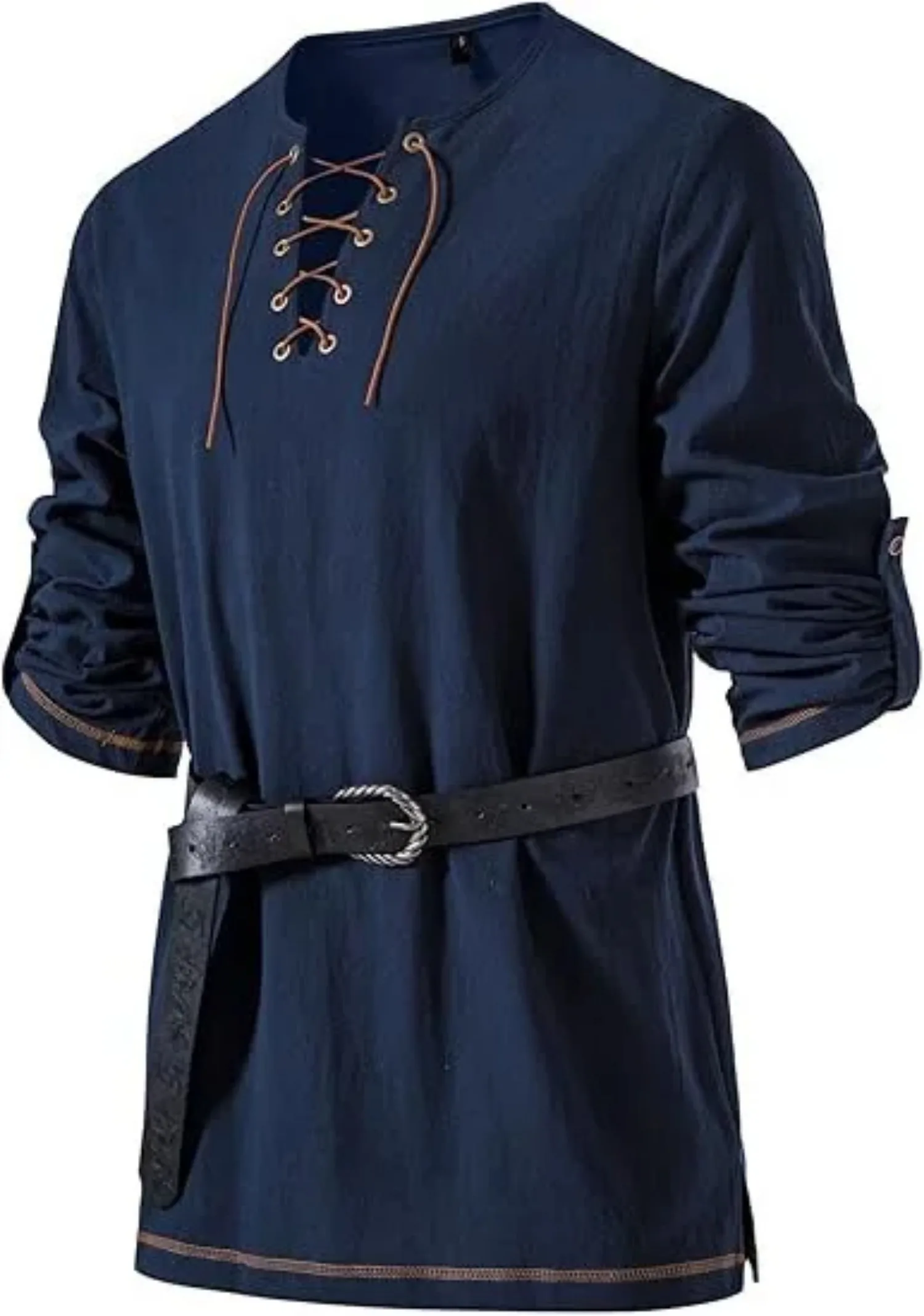 Mittelalterliches Schnür-Tunika-Hemd für Herren, Renaissance-Wikinger-Piratenkostüm, langärmliges Retro-Oberteil mit Gürtel für Halloween-Cosplay – Detail 2