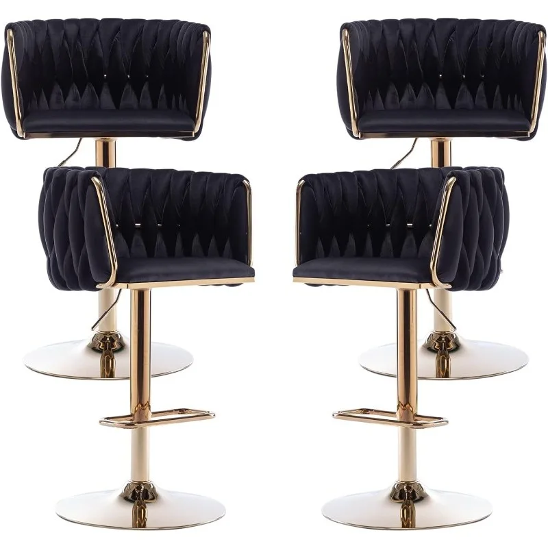 Velvet Bar Stools Set of 4, Swivel Counter Height Bar Stool with Woven Back, Gold Kitchen Bar Stools