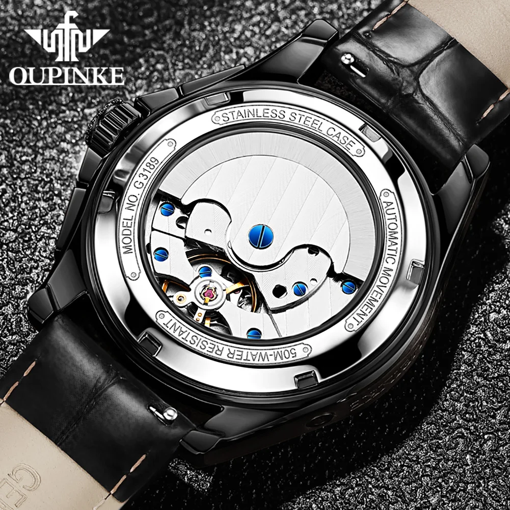 OUPINKE 3189 고품질 남성용 시계 고급 오토매틱 기계식 시계 50M 방수 문페이즈 캘린더 주간 시계 선물 상자