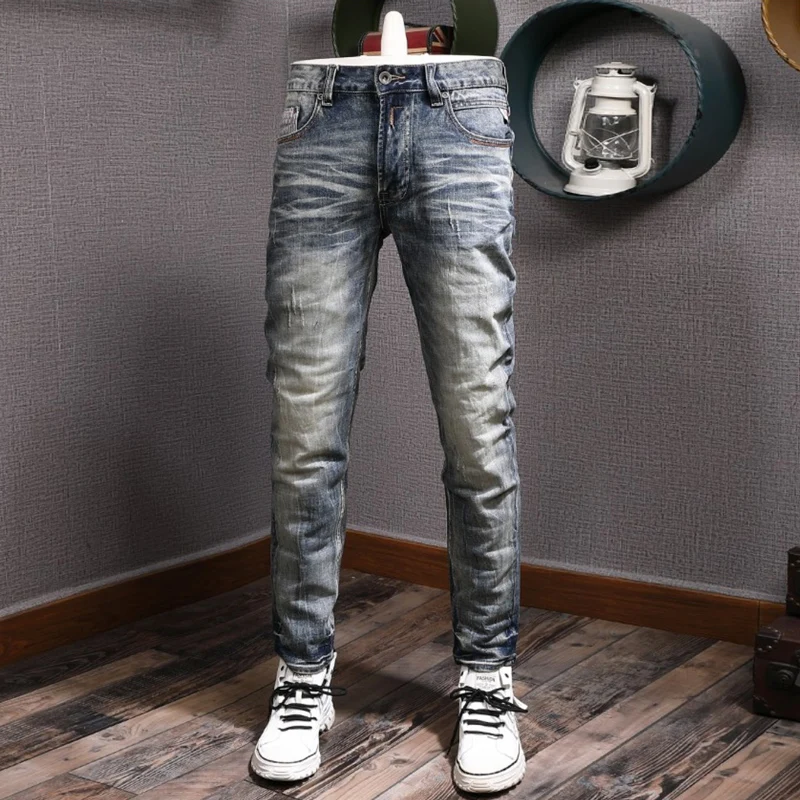 

Italian Style Fashion Men Jeans Retro Blue Slim Fit Elastic Trousers Casual Ripped Jeans Men Vintage Designer Denim Pants Hombre