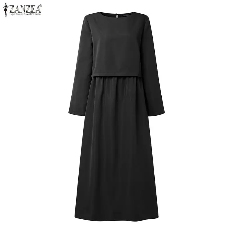 Feminino casual solto maxi vestidos elegante boatneck manga longa em camadas design cor sólida a linha vestido longo primavera férias robes