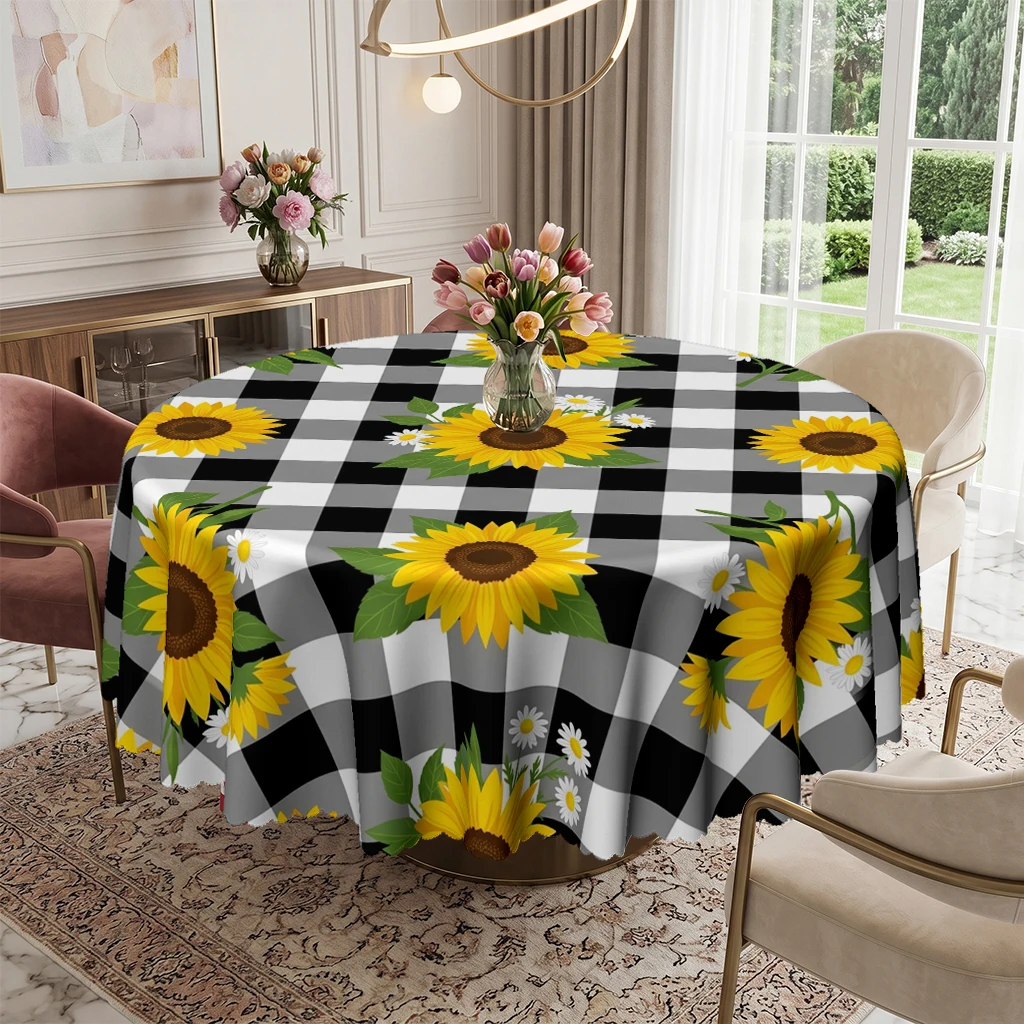 Yellow Sunflower Daisy Round Table Cloth, Black White Gingham Check Tablecloth for Round Tables, Decorative Botanical Floral Tablecover for Indoor Outdoor Patio Picnic Holiday, Washable Home Decor