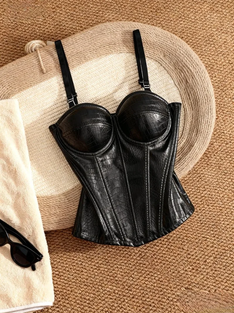 Krótkie topy z seksownej skóry PU z poduszkami, damskie topy na imprezę i do klubu, dopasowane skórzane kamizelki, modna odzież damska