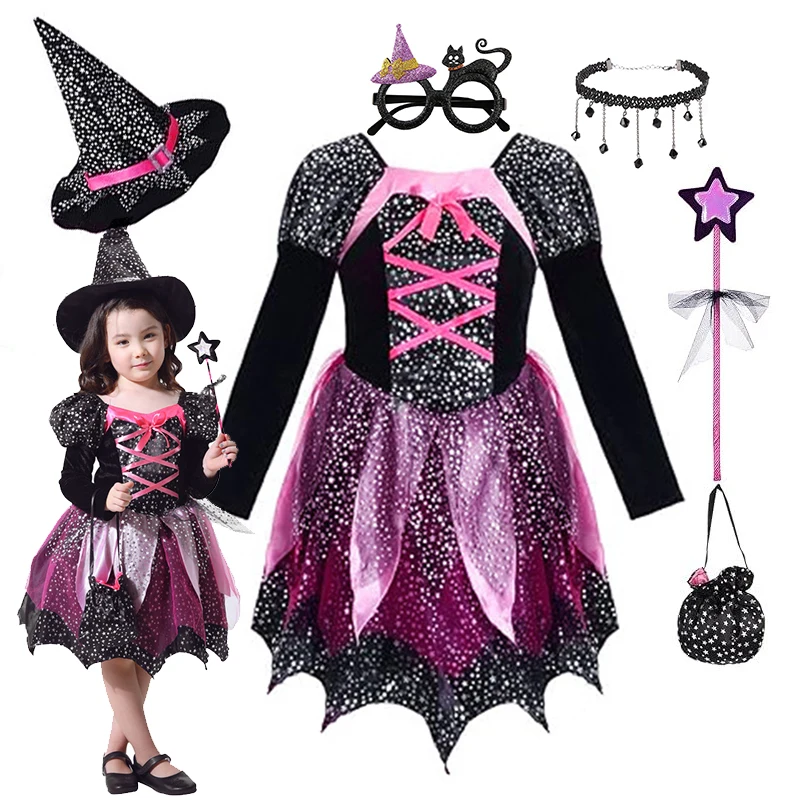 

6 Pieces Witch Clothing Set Dress+Hat+Wand+Bag Girls Halloween Wizard Costume 2025 Kid Make Up Party Hag Witch Apparel Vestidos