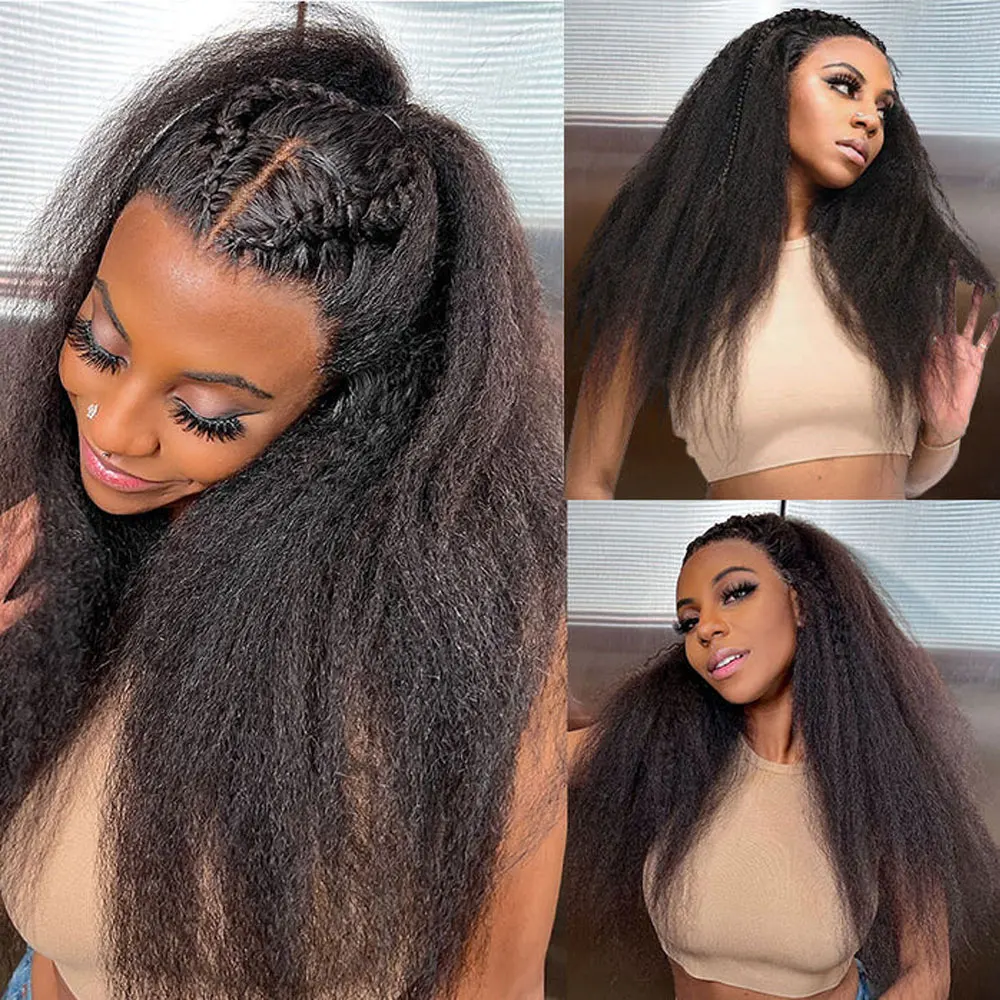 40 42 Inch Kinky Straight Lace Front Wig Pre Plucked Yaki Straigh HD 13X4 Lace Frontal Wig 100% 4C Edges Curly Human Hair Wigs image 3