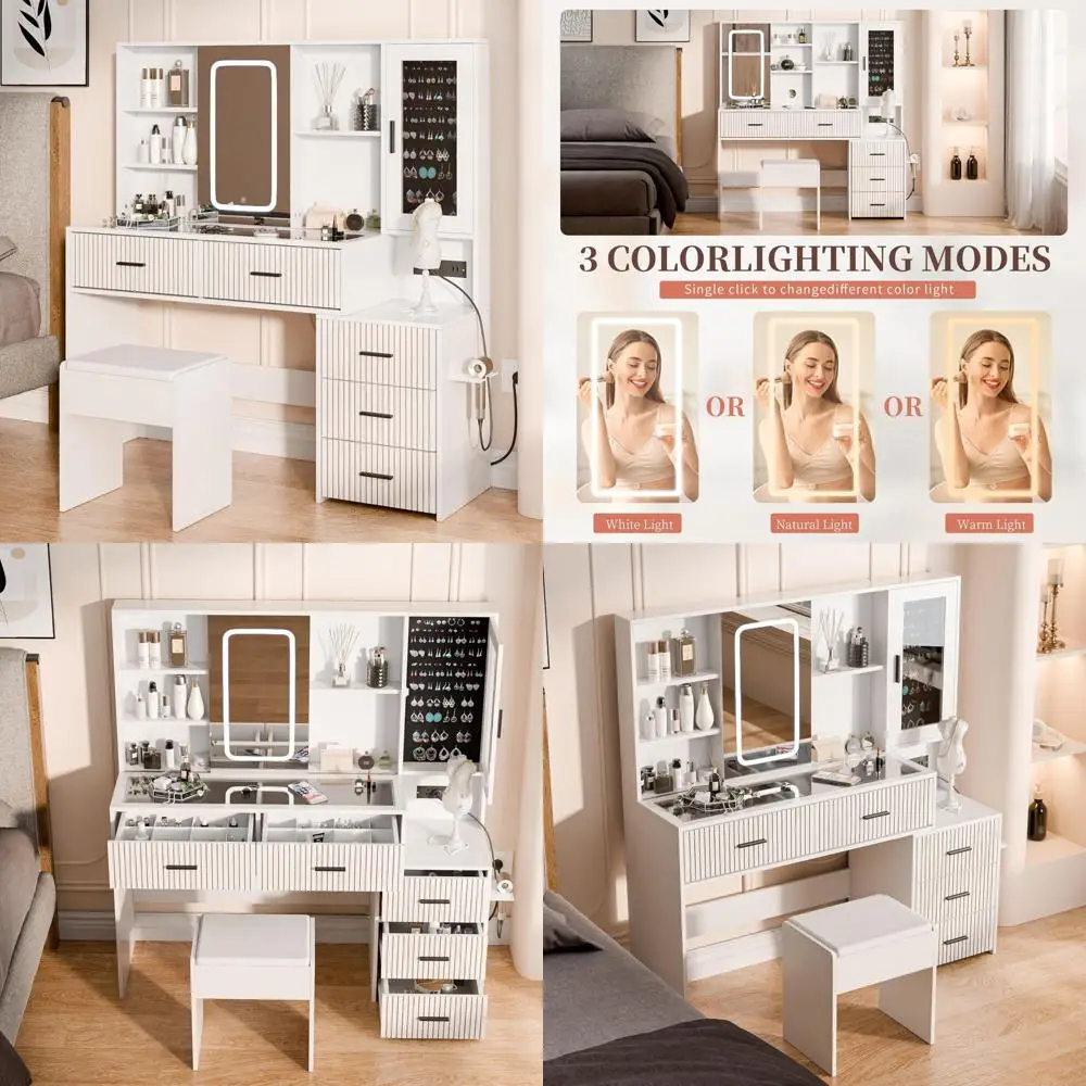 مكتب زينة مكياج مضيء مع أدراج ومرآة وحامل مجفف شعر