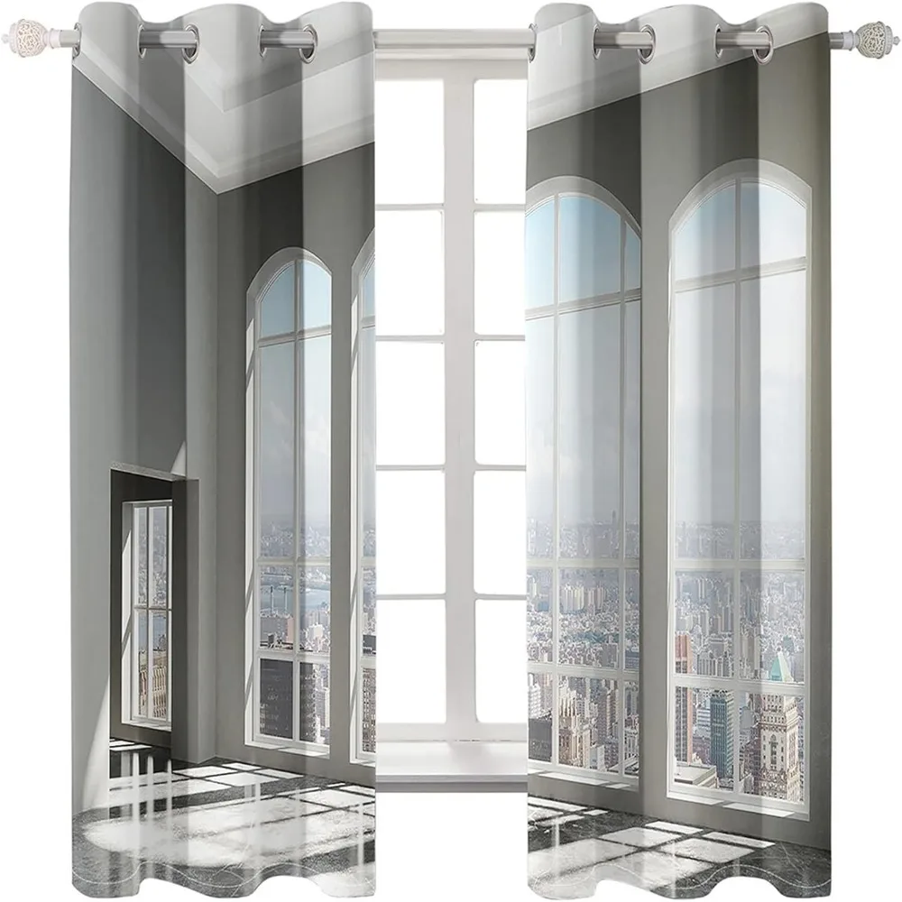 窓と建築風景が描かれたグレーの2枚組リビングルームカーテン、幅96インチ x 高さ108インチ（244cm x 274cm）