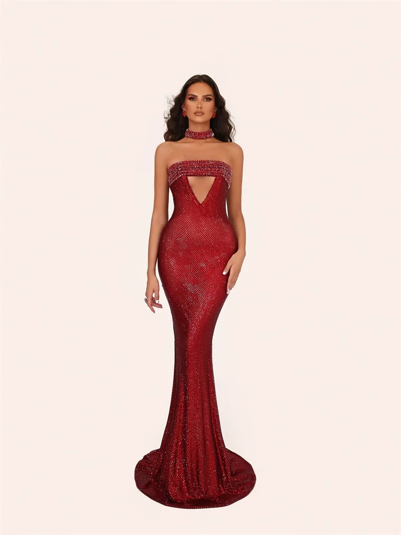 

Red Prom Dress With Necklace Sexy Strapless Sleeveless Hollow Long Mermaid Party Gown Formal Wedding Guest Birthday Evening Robe