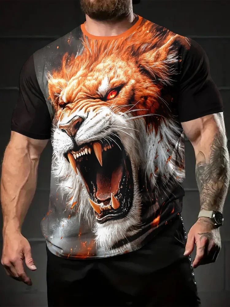 Retro Street Style Men'ss Angry Red Lion With Fangs Print T-shirt Wild Animal Graphic T Shirt Daily Casual Short Sleeve Tops