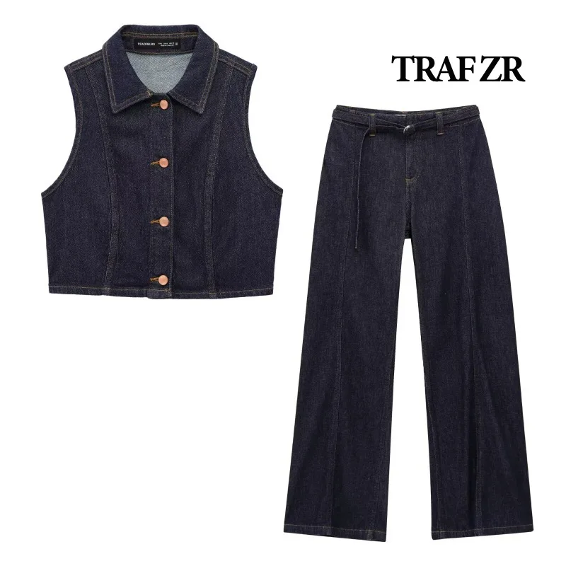 TRAF ZR 미니멀리스트 세트 빈티지 데님 플레어 바지 세트 휴가 복장 여성 민소매 조끼 세트 여성 여름 정장 세트