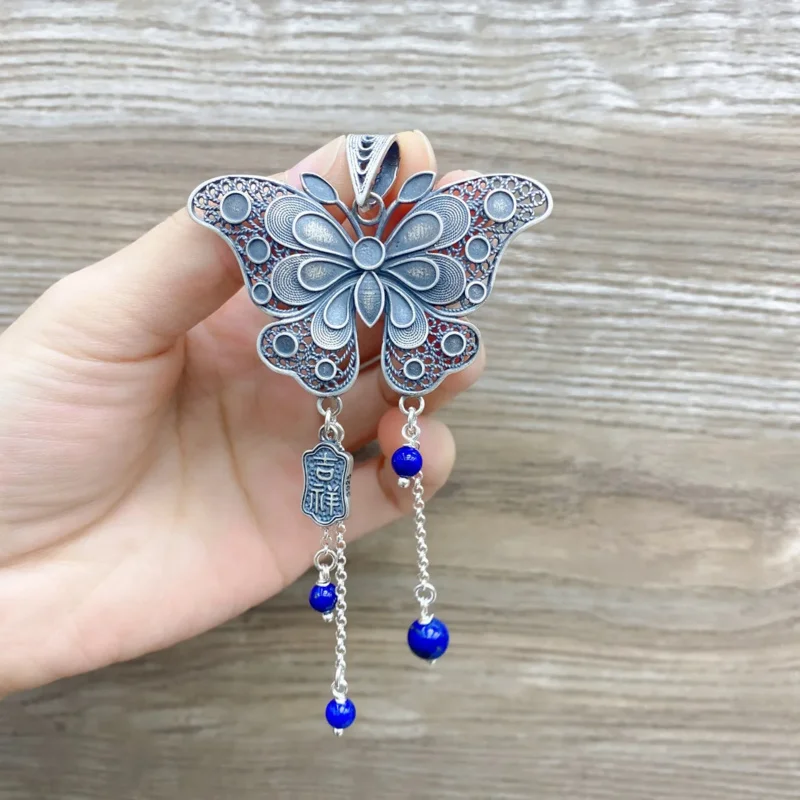 

925 Sterling Silver Large Butterfly Tassel Pendant Women Vintage Original Design Lapis Lazuli Hollow Necklace Pendants