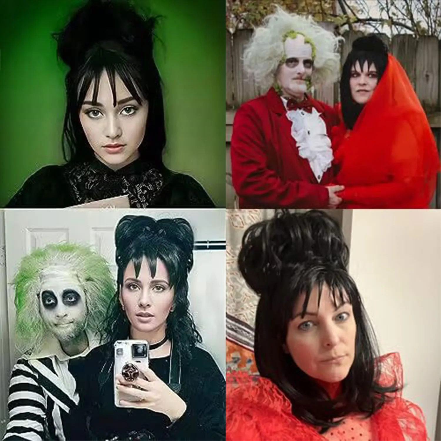 شعر مستعار Lydia Deetz-Black تأثيري الاصطناعية مع كعكة ، شعر مستعار للعروس للنساء ، أزياء هالوين