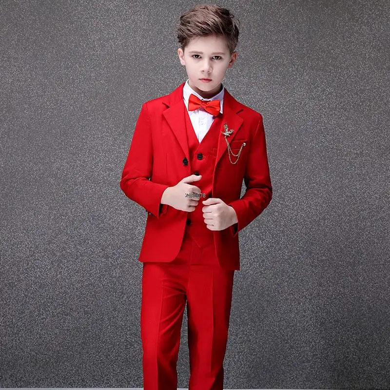 Flower Boys Red Photograph Suit Kids Wedding Suit Teenager Birthday Party Tuxedo Dress Children Graduation Stage Show Costume