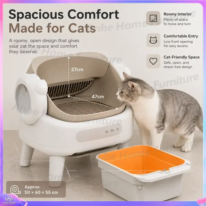Automatic Self-Cleaning Cat Litter Box Smart Pet Toilet with Remote Control Large Capacity Open Design Stainless Steel Cat
