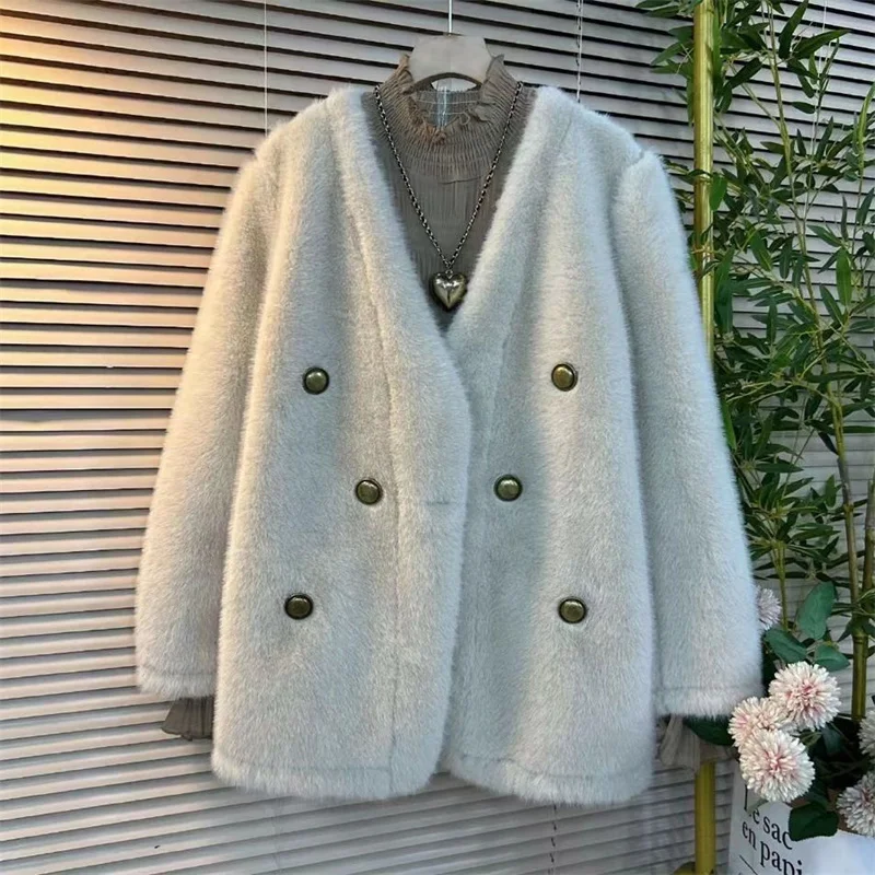 

Autumn Winter Fur Jacket High Quality Faux Mink Fur One-piece Coat for Women New Christmas Battle Robe Cardigan Overcoat Female