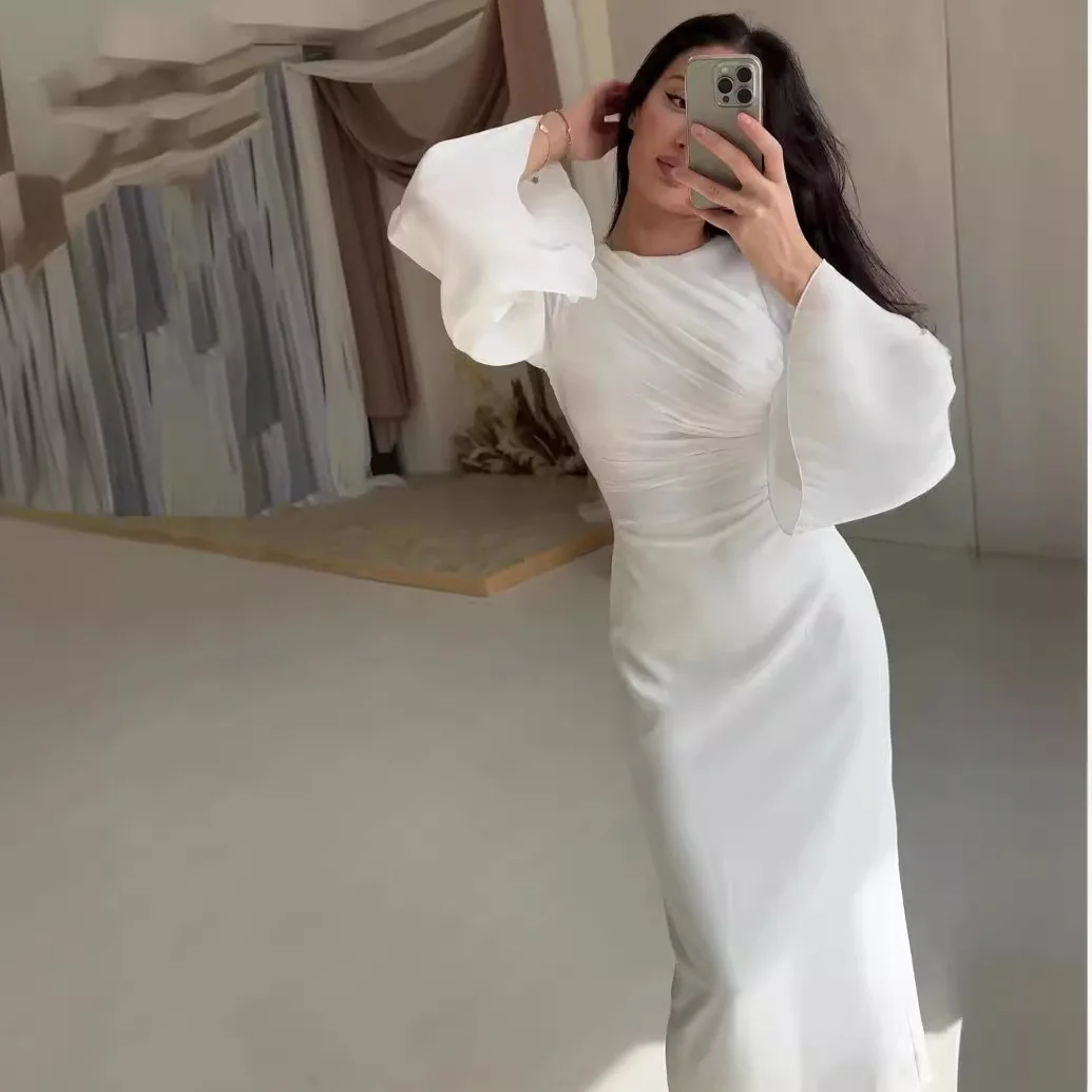 Solid Color Simple Waist Sexy Hip Skirt Long Sleeve Pleated Elegant Dress for Women