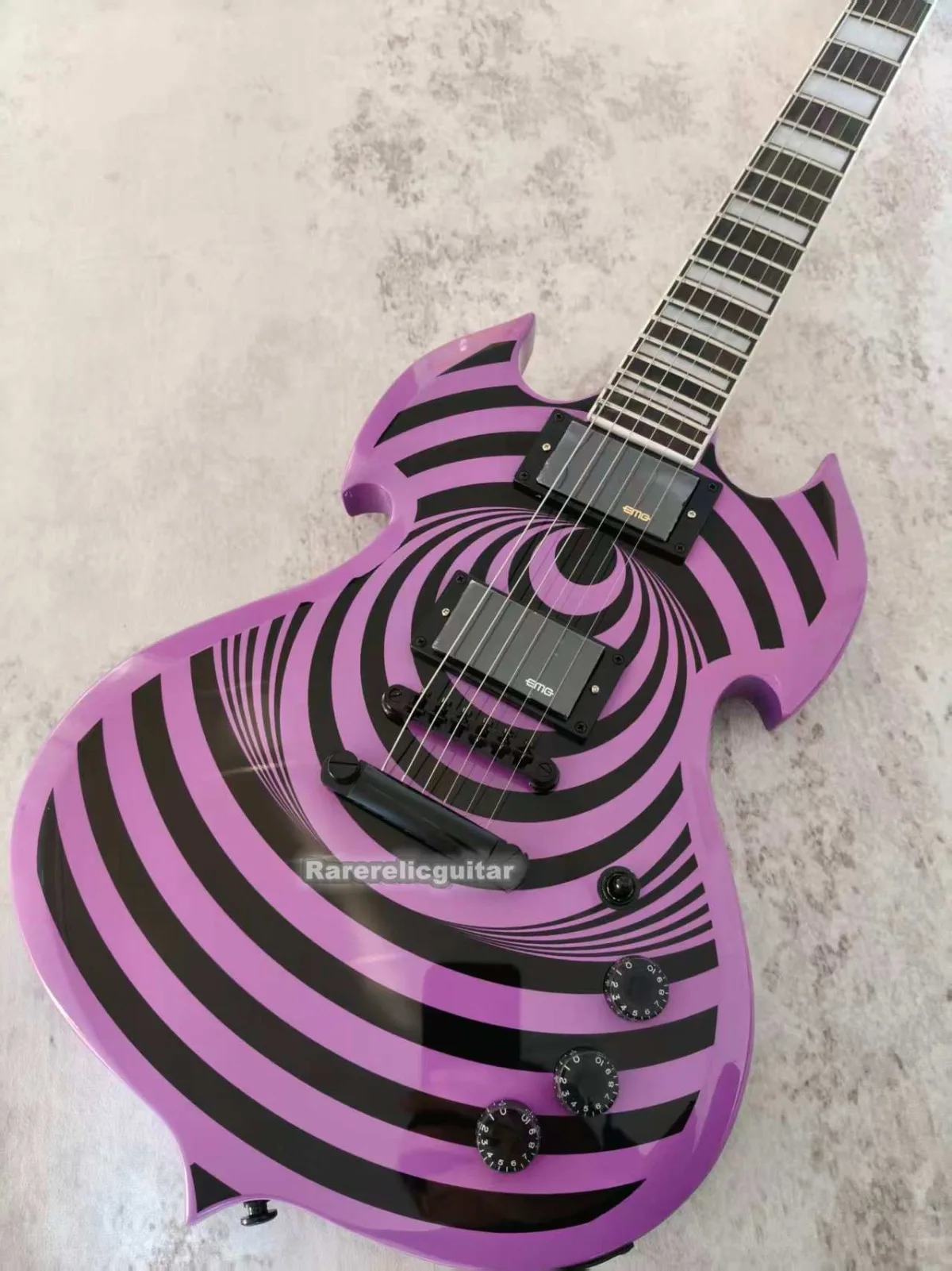 ZK Wylde Purple Barbarian Black Bullseye Electric Guitar EMG Pickups Large Block Inlay, Black Tone Hardware