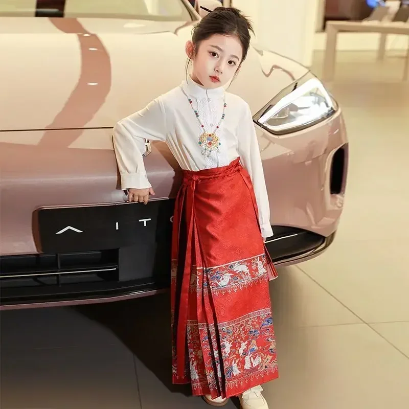 Falda roja Mamian Hanfu para niña, traje tradicional chino, dinastía Ming, falda de cara de caballo