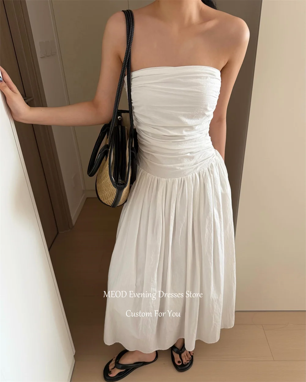 MEOD White Strapless A Line Korea Wedding Dress Sleeveless Satin Vestido Noiva Ankle Length Photo Shoot Wedding Gown Customized