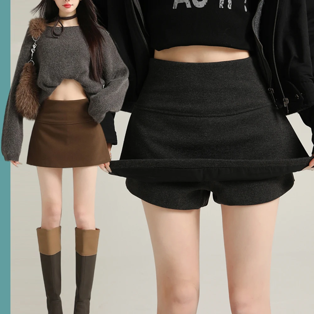 Ropa femenina falda de lana con parte superior dividida para mujer en otoño invierno falda acampanada de cintura alta vestido corto de media cadera para mujer