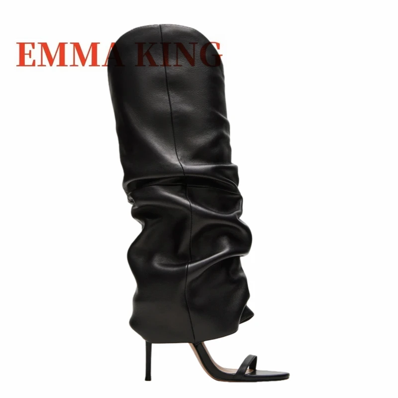 مثير المفتوحة تو حذاء بكعب عالٍ للركبة أسود بولي Leather جلد خنجر عالية الكعب مطوي أحذية الصيف النساء الفاخرة تصميم بوتاس دي Mujer